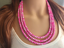 Load image into Gallery viewer, Hot Pink TIE DYE 3 strand Beaded Statement Necklace, Chunky Bib white and Pink Multi-Strand Jewelry Light swirl, neon pink jewelry