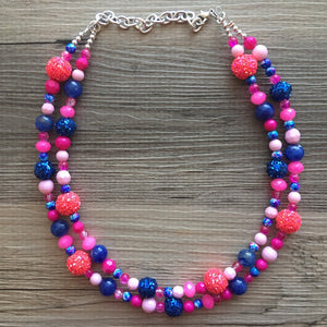Gender Reveal Party Necklace, Pink and Blue Double Layer statement necklace, chunky bib necklace, party gift jewelry, baby shower necklace