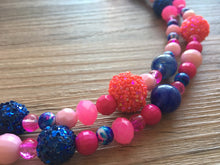 Load image into Gallery viewer, Gender Reveal Party Necklace, Pink and Blue Double Layer statement necklace, chunky bib necklace, party gift jewelry, baby shower necklace