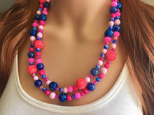 Load image into Gallery viewer, Gender Reveal Party Necklace, Pink and Blue Double Layer statement necklace, chunky bib necklace, party gift jewelry, baby shower necklace