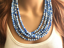 Load image into Gallery viewer, Royal Blue + White 5 strand Beaded Statement Necklace, Chunky Bib white and Blue Multi-Strand Jewelry Light blue swirl beads ocean side