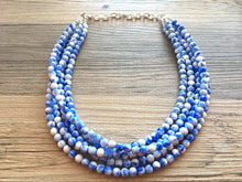 Load image into Gallery viewer, Royal Blue + White 5 strand Beaded Statement Necklace, Chunky Bib white and Blue Multi-Strand Jewelry Light blue swirl beads ocean side