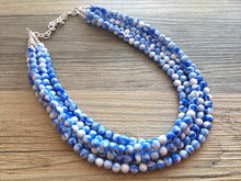 Load image into Gallery viewer, Royal Blue + White 5 strand Beaded Statement Necklace, Chunky Bib white and Blue Multi-Strand Jewelry Light blue swirl beads ocean side