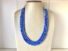 Load image into Gallery viewer, Pink + Royal Blue 3 strand Beaded Statement Necklace, Chunky Bib white and Blue Multi-Strand Jewelry Pink tie dye swirl beads