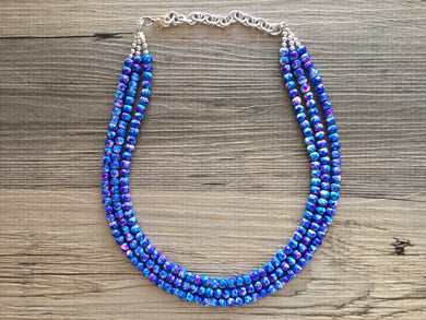 Pink + Royal Blue 3 strand Beaded Statement Necklace, Chunky Bib white and Blue Multi-Strand Jewelry Pink tie dye swirl beads