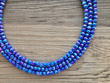 Load image into Gallery viewer, Pink + Royal Blue 3 strand Beaded Statement Necklace, Chunky Bib white and Blue Multi-Strand Jewelry Pink tie dye swirl beads