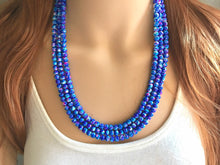 Load image into Gallery viewer, Pink + Royal Blue 3 strand Beaded Statement Necklace, Chunky Bib white and Blue Multi-Strand Jewelry Pink tie dye swirl beads
