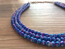Load image into Gallery viewer, Pink + Royal Blue 3 strand Beaded Statement Necklace, Chunky Bib white and Blue Multi-Strand Jewelry Pink tie dye swirl beads