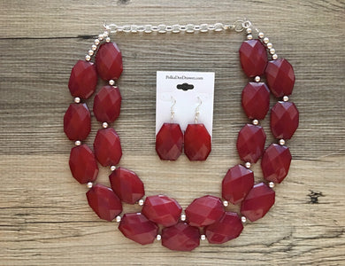 Maroon Necklace, Double strand deep red jewelry, big beaded chunky statement necklace and earring set, dark red necklace
