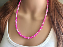 Load image into Gallery viewer, Neon Pink + White strand Beaded Statement Necklace, Chunky Bib white and pink Single Strand Jewelry tie dye swirl earrings bracelet