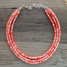 Load image into Gallery viewer, Neon Orange TIE DYE 3 strand Beaded Statement Necklace, Chunky Bib white and Orange Multi-Strand Jewelry Light swirl, neon jewelry
