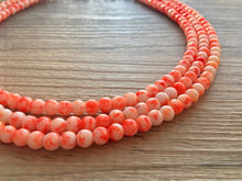 Load image into Gallery viewer, Neon Orange TIE DYE 3 strand Beaded Statement Necklace, Chunky Bib white and Orange Multi-Strand Jewelry Light swirl, neon jewelry