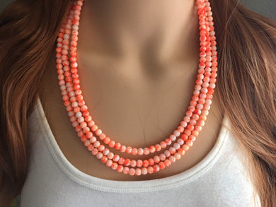 Neon Orange TIE DYE 3 strand Beaded Statement Necklace, Chunky Bib white and Orange Multi-Strand Jewelry Light swirl, neon jewelry