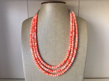 Load image into Gallery viewer, Neon Orange TIE DYE 3 strand Beaded Statement Necklace, Chunky Bib white and Orange Multi-Strand Jewelry Light swirl, neon jewelry