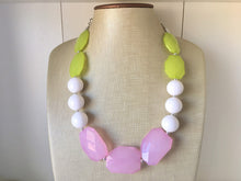 Load image into Gallery viewer, Lime Green, White, blush pink Big Bead Necklace, single Strand Statement Jewelry, green and pink sorority Chunky bib, bridesmaid