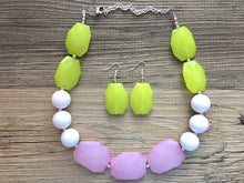 Load image into Gallery viewer, Lime Green, White, blush pink Big Bead Necklace, single Strand Statement Jewelry, green and pink sorority Chunky bib, bridesmaid