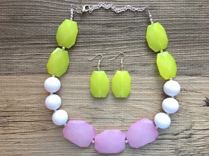 Lime Green, White, blush pink Big Bead Necklace, single Strand Statement Jewelry, green and pink sorority Chunky bib, bridesmaid