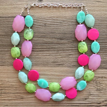 Load image into Gallery viewer, Watermelon Summer OOAK chunky beaded statement necklace, pink and green necklace, mint green dark pink light pink blush