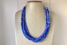 Load image into Gallery viewer, Pink + Royal Blue 5 strand Beaded Statement Necklace, Chunky Bib white and Blue Multi-Strand Jewelry Pink tie dye swirl beads