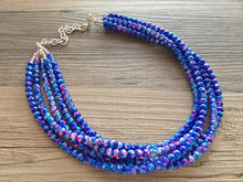 Load image into Gallery viewer, Pink + Royal Blue 5 strand Beaded Statement Necklace, Chunky Bib white and Blue Multi-Strand Jewelry Pink tie dye swirl beads