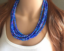 Load image into Gallery viewer, Pink + Royal Blue 5 strand Beaded Statement Necklace, Chunky Bib white and Blue Multi-Strand Jewelry Pink tie dye swirl beads