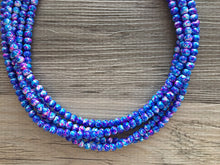 Load image into Gallery viewer, Pink + Royal Blue 5 strand Beaded Statement Necklace, Chunky Bib white and Blue Multi-Strand Jewelry Pink tie dye swirl beads