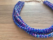 Load image into Gallery viewer, Pink + Royal Blue 5 strand Beaded Statement Necklace, Chunky Bib white and Blue Multi-Strand Jewelry Pink tie dye swirl beads