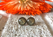 Load image into Gallery viewer, Cheetah earrings, 12mm earrings, sparkle earrings, stud earrings, circle earring, gold earrings, animal print earrings, brown earrings