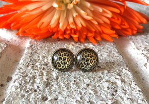 Cheetah earrings, 12mm earrings, sparkle earrings, stud earrings, circle earring, gold earrings, animal print earrings, brown earrings