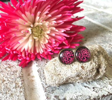 Cheetah earrings, 12mm earrings, sparkle earrings, stud earrings, circle earring, gold earrings, animal print earrings, pink earrings