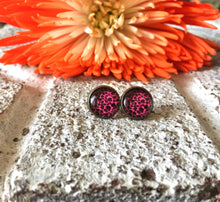 Load image into Gallery viewer, Cheetah earrings, 12mm earrings, sparkle earrings, stud earrings, circle earring, gold earrings, animal print earrings, pink earrings