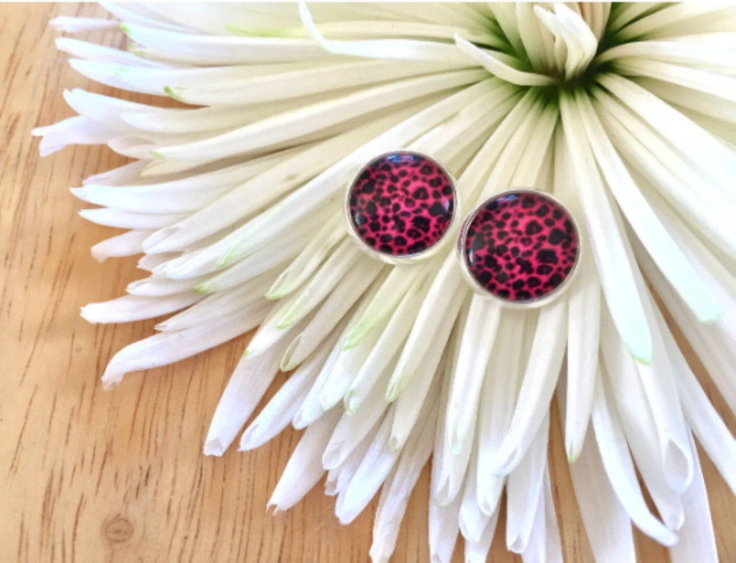 Cheetah earrings, 12mm earrings, sparkle earrings, stud earrings, circle earring, silver earrings, animal print earrings, pink earrings