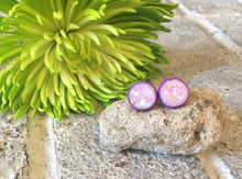 Load image into Gallery viewer, Purple &amp; Lavender Confetti earrings, 12mm earrings, resin earrings, colorful earrings, chunky earrings, circle earring, gold earrings, lilac