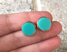 Load image into Gallery viewer, Chic Mint &amp; Gold Minimalist earrings, 12mm earrings, resin earrings, green earrings, chunky earrings, circle earring, gold earrings, mint