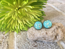 Load image into Gallery viewer, Turquoise &amp; Gold Confetti earrings, 12mm earrings, resin earrings, colorful earrings, chunky earrings, circle earring, gold earrings, mint