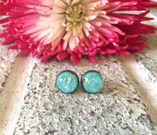 Load image into Gallery viewer, Turquoise &amp; Gold Confetti earrings, 12mm earrings, resin earrings, colorful earrings, chunky earrings, circle earring, gold earrings, mint