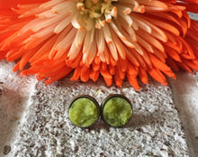 Load image into Gallery viewer, Olive Green Druzy Studs, 12mm green druzy gold, green earrings, druzy earrings, green druzy, druzy jewelry, mermaid jewelry mermaid earrings