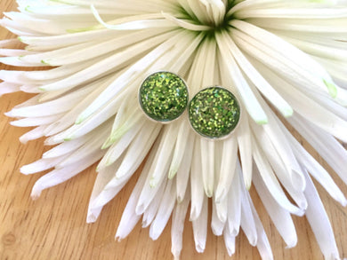 Green Glitter earrings, 12mm earrings, sparkle earrings, stud earrings, circle earring, green earrings, olive green, green jewelry