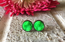 Load image into Gallery viewer, Neon Green Druzy Studs, 12mm green druzy gold, green earrings, druzy earrings, green druzy, druzy jewelry, mermaid jewelry mermaid earring