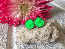 Load image into Gallery viewer, Neon Green Druzy Studs, 12mm green druzy gold, green earrings, druzy earrings, green druzy, druzy jewelry, mermaid jewelry mermaid earring