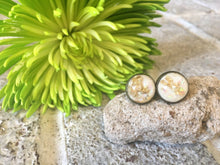 Load image into Gallery viewer, Cream &amp; Gold Confetti earrings, 12mm earrings, resin earrings, colorful earrings, chunky earrings, circle earring, gold earrings, cream