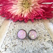 Load image into Gallery viewer, Purple &amp; Gold Confetti earrings, 12mm earrings, resin earrings, colorful earrings, chunky earrings, circle earring, gold earrings, lavender