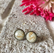 Load image into Gallery viewer, Cream &amp; Gold Foil stud earrings, 12mm earrings, resin earrings, colorful earrings, chunky earrings, gold foil, gold earrings, cream jewelry