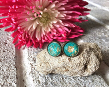 Load image into Gallery viewer, Green &amp; Gold Foil earrings, 12mm earrings, resin earrings, colorful earrings, chunky earrings, gold foil, gold earrings, green jewelry gold