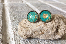 Load image into Gallery viewer, Green &amp; Gold Foil earrings, 12mm earrings, resin earrings, colorful earrings, chunky earrings, gold foil, gold earrings, green jewelry gold