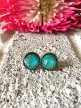 Load image into Gallery viewer, Green &amp; Gold Foil earrings, 12mm earrings, resin earrings, colorful earrings, chunky earrings, gold foil, gold earrings, green jewelry gold