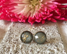 Load image into Gallery viewer, Gray &amp; Gold Foil earrings, 12mm earrings, resin earrings, colorful earrings, chunky earrings, gold foil, gold earrings, gray jewelry, gray