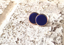 Load image into Gallery viewer, Chic Blue &amp; Gold Minimalist earrings, 12mm earrings, resin earrings, dark blue earrings, chunky earrings, circle earring, gold earrings