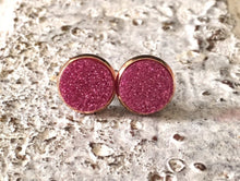 Load image into Gallery viewer, Gold &amp; Pink Glitter earrings, 12mm earrings, sparkle earrings, stud earrings, circle earring, pink earrings, blush pink, pink jewelry, pink