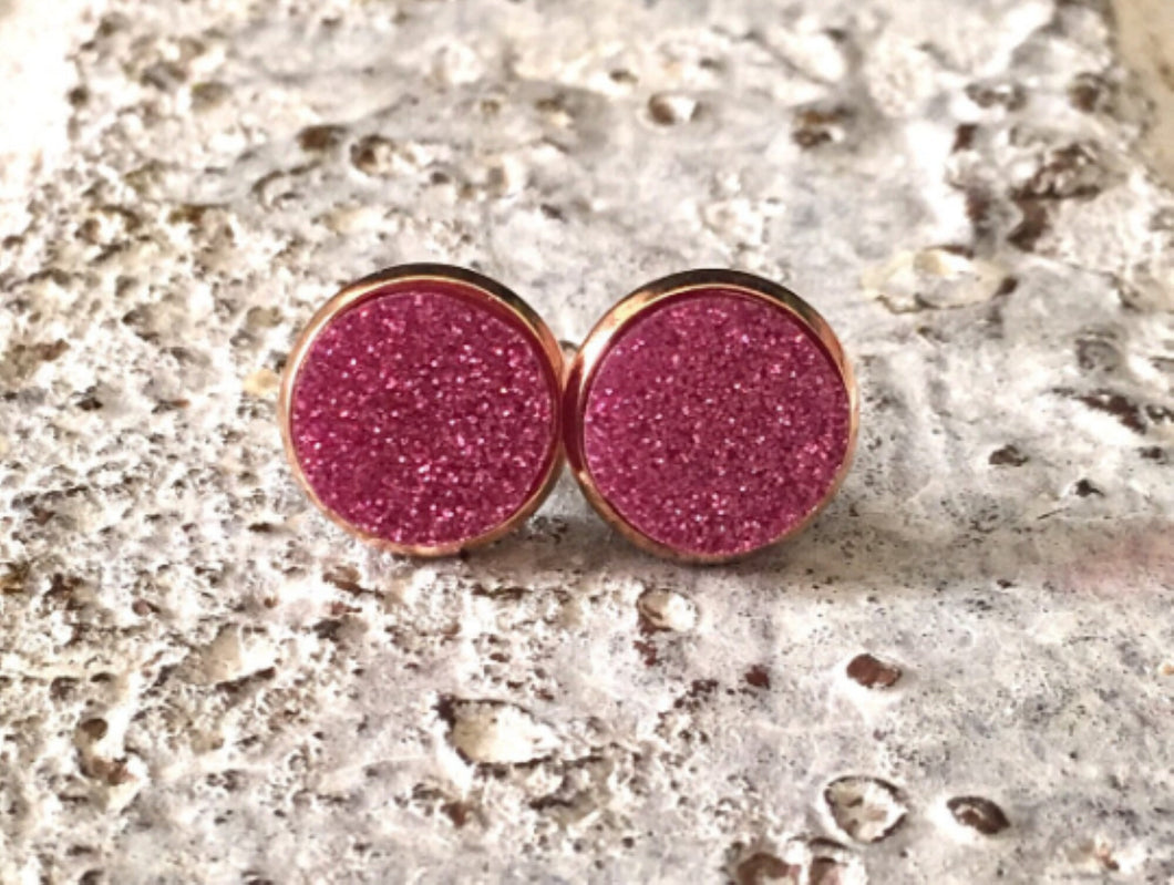 Gold & Pink Glitter earrings, 12mm earrings, sparkle earrings, stud earrings, circle earring, pink earrings, blush pink, pink jewelry, pink